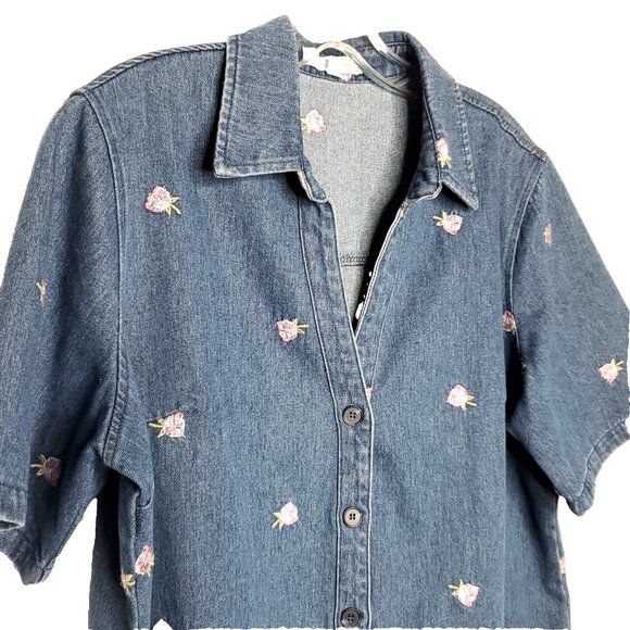 Solitaire Embroidered  Denim Top L Blue Pink Short Sleeve Floral Cottagecore - Picture 2 of 6